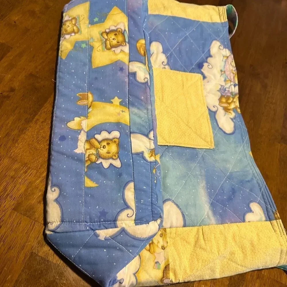 Vintage Style Handmade Quilted Baby Diaper Bag Tote Bear Moon Stars 21”x13”